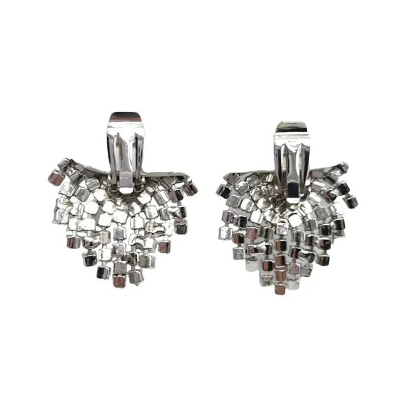 Clear Rhinestone Art Deco Style Large Clip On Silver Tone Firework Earrings B - Picture 5 of 5